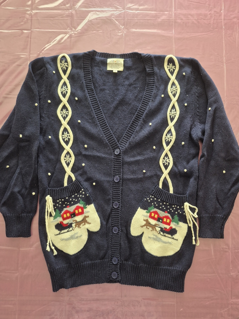 Vintage Susan Bristol Navy Cardigan Sweater with Mitten Pockets Winter Scene M